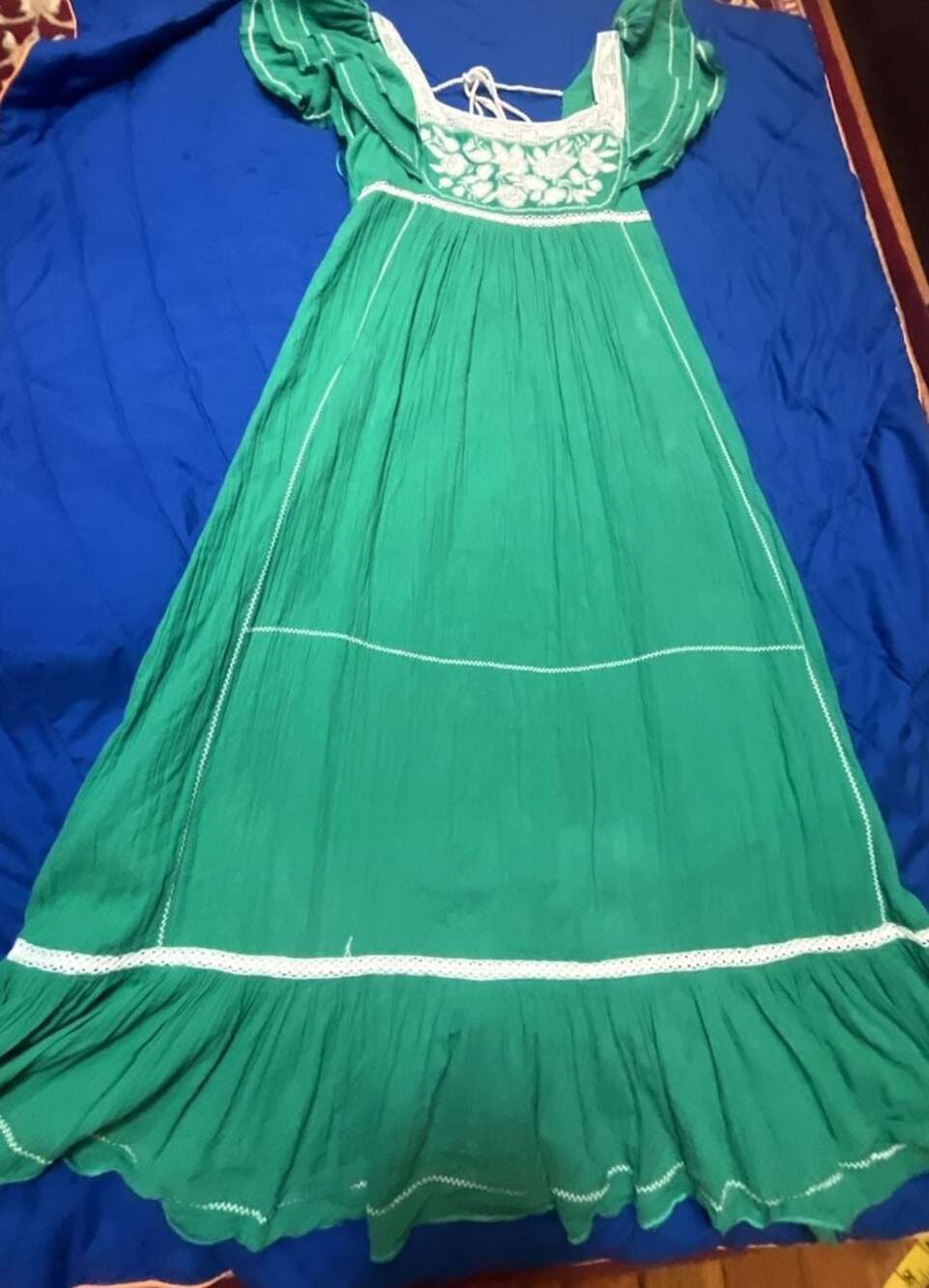 M.A.B.E Green Embroidered Cotton Maxi Dress with Lace Trim - Picture 2 of 13